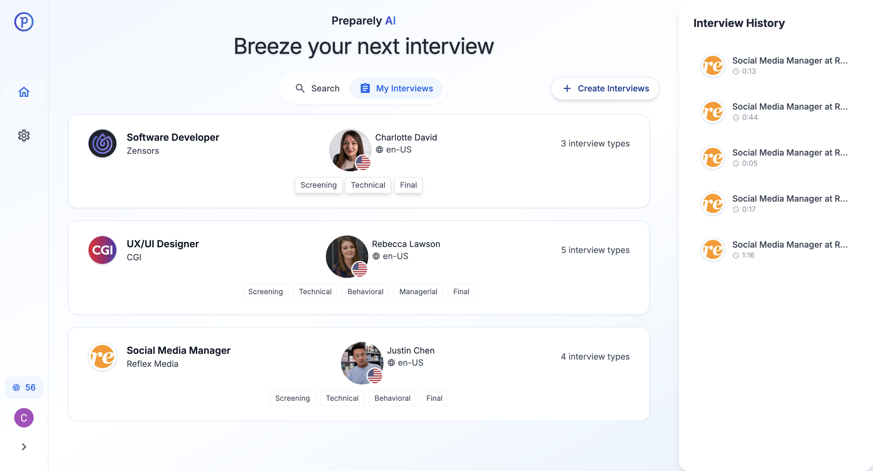 My Interviews page screenshot